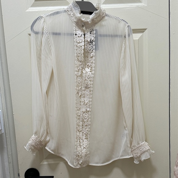 Polo Ralph Lauren Tops - Polo by Ralph Lauren Cream Lace-Front Ruffled High-Neck Blouse Size 4